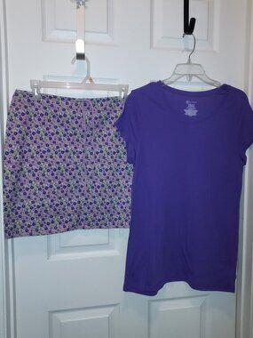 Vintage 90s Y2K OCI 100% Silk SKIRT Ditsy Floral Drawstring Stretch +Purple Tee
